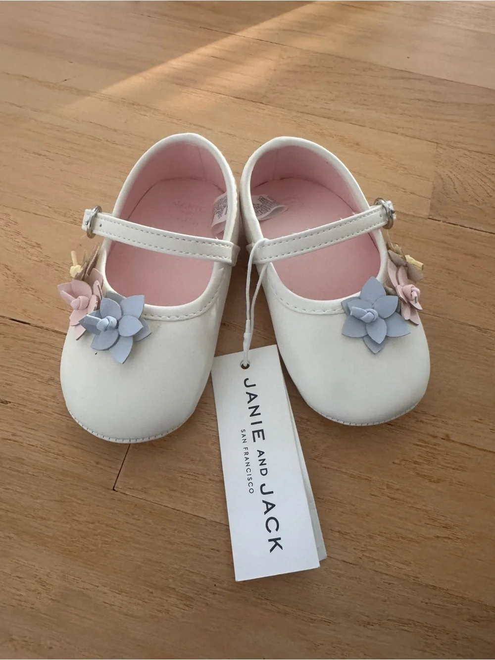 Janie and Jack White Mary Jane Shoes with Pastel Yellow, Pink & Blue Flowers